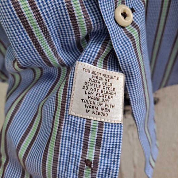 Peter Millar Blue Green Striped Button Down 100% Cotton Medium Long Sleeve Shirt - Picture 2 of 7